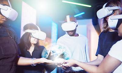 Image showing VR world, people and digital hologram of future metaverse, global networking or cyber planet innovation. Community group, virtual reality and media globe, ai fantasy gaming tech and futuristic vision