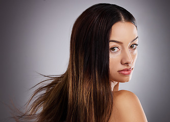 Image showing Skincare, natural beauty and vitiligo, real and woman, face and medical skin disorder, dermatology and body inclusivity portrait. Facial treatment, clean and cosmetics with gray studio background.