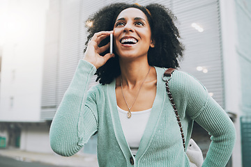 Image showing Phone call, communication and happy black woman in city talking, chat or dialogue. Conversation, travel and female from South Africa on 5g smartphone, mobile or cellphone speaking, chatting or talk.