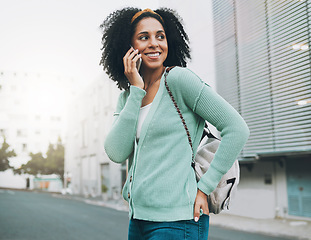 Image showing Backpack, phone call and student in city street walking to university, listening to results or feedback on internship opportunity. Happy black woman with smartphone call talking outdoor in urban road