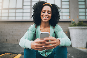 Image showing Smartphone, chat and black woman on campus street for outdoor 5g communication, social network update or scroll university website information. College student using phone social media or job search