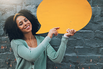 Image showing Speech bubble, contact us and woman with communication social media icon with mockup space against a wall outdoors. Smile, good news and happy girl with networking, feedback and marketing sign