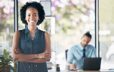 Image showing Ceo, business and manager working as management at an executive corporate company. Portrait of a black woman, worker or boss with arms crossed, pride and smile for happiness at a professional office