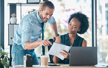 Image showing Documents, teamwork and laptop with a business man and black woman at work together in the office. Meeting, accounting and finance with a male and female employee team working in collaboration