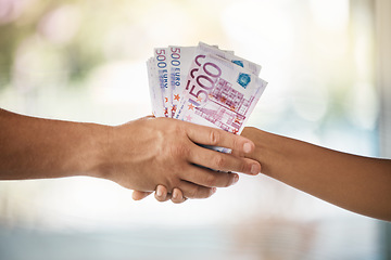 Image showing Hands, corruption and business people shaking hands with euros for bribe, illegal deals or loan. Cash, exchange or money laundering, agreement or deposit, financial payment or investment acceptance.