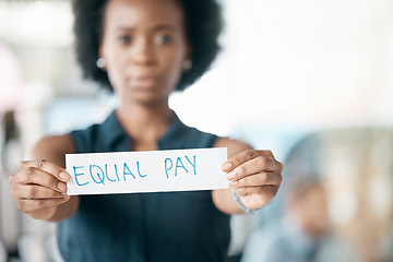 Image showing Paper sign, gender and finance equality with black woman, salary and pay gap. Equity, balance and opinion for fair opportunity, human rights bias and social transformation with business employee