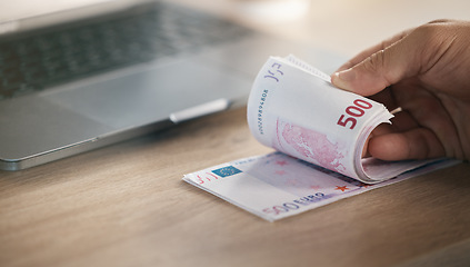 Image showing Money, finance and euro currency with a hand of a man banker counting cash for wealth management or accounting. Business, financial and payment with a male accountant in his office for economy growth