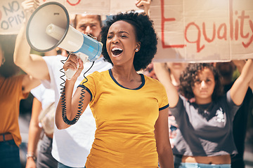 Image showing Megaphone, freedom or women equality protest for global change, gender equality or black woman speaker fight for support. Crowd poster banner, city speech or human rights rally by justice warrior