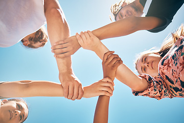 Image showing Support, holding wrists and friends in a circle for collaboration, trust and teamwork outdoors. Diversity, love and people in a community with compassion, respect and unity with a sky blue background