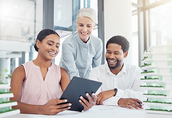 Image showing Architecture team, digital tablet and consulting online floor plan design for building development. Engineering teamwork, a design blueprint and creative industrial collaboration construction project