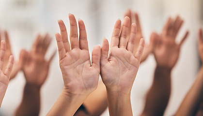 Image showing Worship, church and hands praying with support, community and hope together. Group of people with spiritual faith with prayer, gratitude for God and solidarity in religion with trust and peace