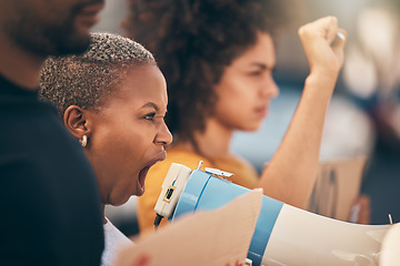 Image showing Voice, megaphone and protest for women with human rights, equality and justice with community solidarity, government and politics. Activism crowd, black people fist or african group freedom of speech