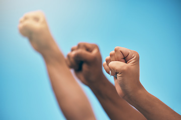 Image showing Protest group, hands in air and fist of people for solidarity, equality and power with diversity women together for human rights. Motivation, support and freedom revolution for female crowd justice