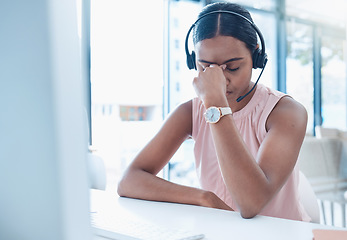 Image showing Call center, customer service and telemarketing worker with headache, stress and anxiety of job burnout, computer glitch or depression. Crm consultant with mental health problem or compliance mistake