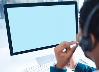 Image showing Computer, green screen and call center agent, website IT support or virtual consultant in office. Telemarketing sales man, ecommerce advisor or customer service consulting on monitor software mock up