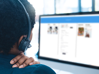 Image showing Stress, call center and customer service with a business woman consulting or working on a computer in the office. Contact us, telemarketing and pain with a female consultant doing research for sales