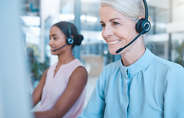 Image showing Call center, woman and headphones, phone call and contact, tech support or customer help desk company, employee consulting with client. Communication, worker and customer service or telemarketing.