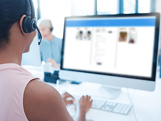 Image showing Call center, customer service and computer with a woman consultant working at her desk in a telemarketing office. Contact us, crm and information with a female consulting with a headset at work