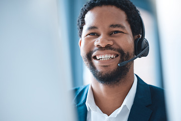 Image showing Customer support, black man and call center consultant speaking to an online client with a headset. Customer service, receptionist and telemarketing sales man consulting with technology in the office