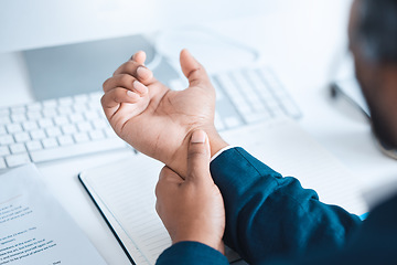 Image showing Hands of business man with pain, carpal tunnel syndrome or strain from corporate job, working or typing on keyboard. Arthritis risk, hurt and wrist of black man or office employee with injury problem