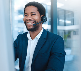 Image showing Call center, communication and black man consulting on the internet with a computer in an office at work. Happy, crm and African customer service worker working in telemarketing and support online