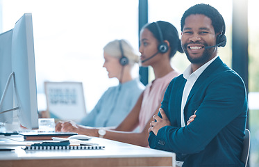 Image showing Call center, telemarketing and happy customer service consultant consulting, talking and helping in the office. Smile, telecom and African insurance sales agent working at a communications company