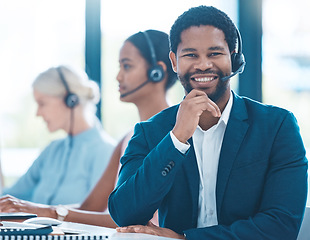 Image showing Black man, call center or smile in portrait at work as consultant, crm or communication at desk. Man, contact us or consulting in customer support, headphones or microphone for telemarketing in sales