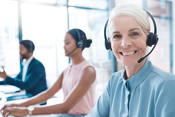 Image showing CRM, customer service or call center woman manager, worker consulting, contact us or telemarketing to client. Sales advisor, consultant or leadership for support, help or loan insurance advice