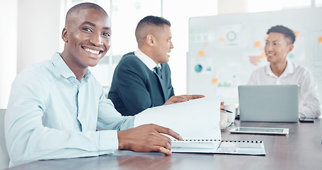 Image showing Report, marketing and businessman with a smile in a meeting, planning and working in collaboration. Portrait of a black man reading paper, documents and notes on strategy for partnership with workers