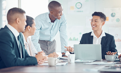 Image showing Smile, marketing and employees meeting, planning and working on a strategy for their startup business. Happy, corporate and training workers talking about a partnership with a laptop in an office