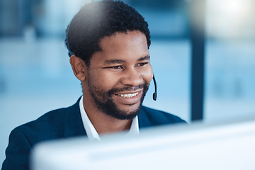 Image showing Call center, customer service and worker with computer talking or help in office with crm system. Happy black man, happy and friendly telemarketing consultant, employee or contact us client support