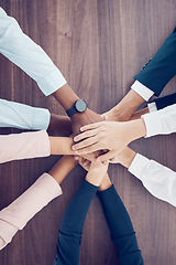 Image showing Teamwork, collaboration and motivation business people hands connect together in office. Group staff hand for goal, community together for team project or company growth mission and trust from above