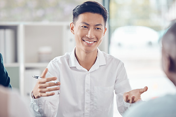 Image showing Meeting, planning and strategy with an asian man in the boardroom with a team for business discussion. Coaching, teamwork and training with a male employee working with a project group in a workshop