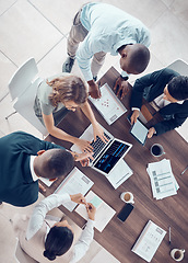 Image showing Finance, profit and business people meeting with teamwork, collaboration and analysis of chart, statistics and digital graph analytics. Diversity team, planning strategy and review data report above