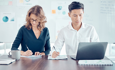 Image showing Notes, marketing and employees, planning, meeting and working with a laptop in partnership in an office at work. Corporate workers writing strategy for a business idea on the internet with a computer