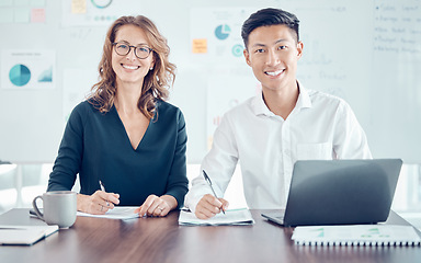 Image showing Corporate, planning and employees coworking, meeting and working in collaboration with notes and a laptop at work. Portrait of diversity, business and marketing workers with a strategy for teamwork