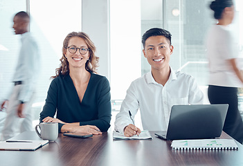 Image showing Business people, documents or laptop in busy office finance management, company budget planning or growth data analysis. Portrait, smile or happy financial worker collaboration on technology or paper