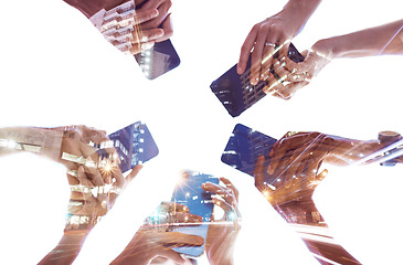 Image showing People hands, phone with city double exposure and social media app, typing and digital iot connection. Social network, internet website and 5g smartphone cloud computing technology online with mockup