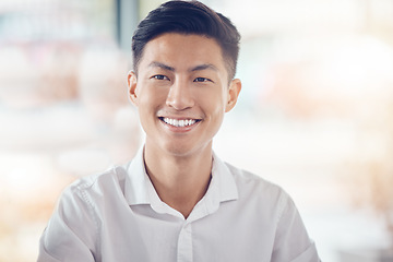 Image showing Asian, businessman and portrait smile with happy vision for success against a bokeh background. Successful japanese male smiling with teeth in happiness for company plan, idea or goal at the office