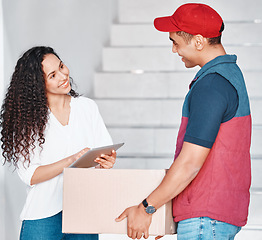 Image showing Delivery, tablet and courier with a box, stock and ecommerce cargo for a woman at her house. Happy, young and customer giving her signature on technology to a worker with a retail package at her home