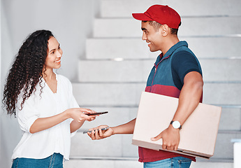 Image showing Woman, delivery man and scanning phone with package at door of home. Logistics, ecommerce and fintech, courier service with happy woman customer making digital payment on smartphone for delivery box.