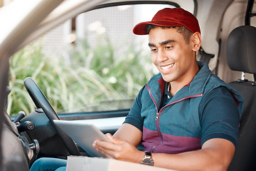 Image showing Man, car and tablet for delivery management, ecommerce order or online shopping transport logistics. Smile, happy or courier worker on technology in van for e commerce product or retail distribution