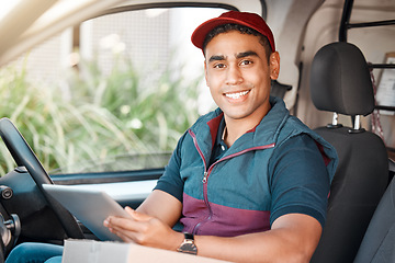 Image showing Man, van or tablet in delivery logistics, ecommerce shipping or online shopping transport management. Portrait, smile or happy courier worker in car on e commerce retail stock distribution technology