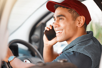 Image showing Phone call, driving and courier talking on a mobile while doing a delivery. Happy, young and driver working in logistics, ecommerce or transportation industry speaking on a smartphone in a car