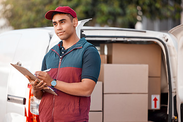 Image showing Logistics, supply chain and delivery driver with clipboard or paper outdoor with van, transport or car. Ecommerce, shipping and cargo worker check stock for export, courier and distribution service