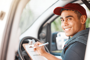 Image showing Logistics, delivery car and man with clipboard paperwork or checklist for stock, product distribution or shipping info. Supply chain industry, courier service and happy van or truck driver working