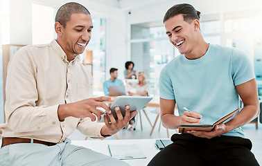 Image showing Meeting, startup and men with smile and tablet taking notes and laughing at creative marketing agency office. Coaching, teamwork and idea sharing at business workshop, mentor and young man on project