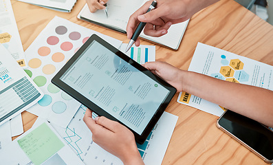 Image showing Tablet, paper charts and research for planning, startup company and reading for business process. Brainstorming, digital device and analysis for projections, idea strategy or group project innovation