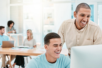 Image showing Comic, training and employees with a computer for work, planning and web design together. Happy, young and creative startup workers with a funny website, video or communication on a pc in an office