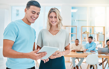 Image showing Business, digital tablet and meeting at the office of happy employee or workers with team working together in group. Teamwork, collaboration or diversity of creative people in a project communication